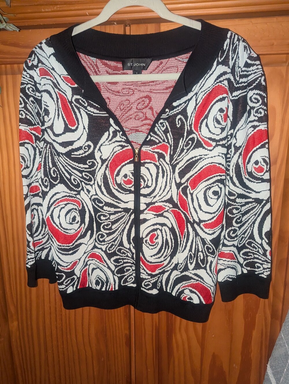 St. John Black & Red Floral Zip-Front Women's Sweater.Size S